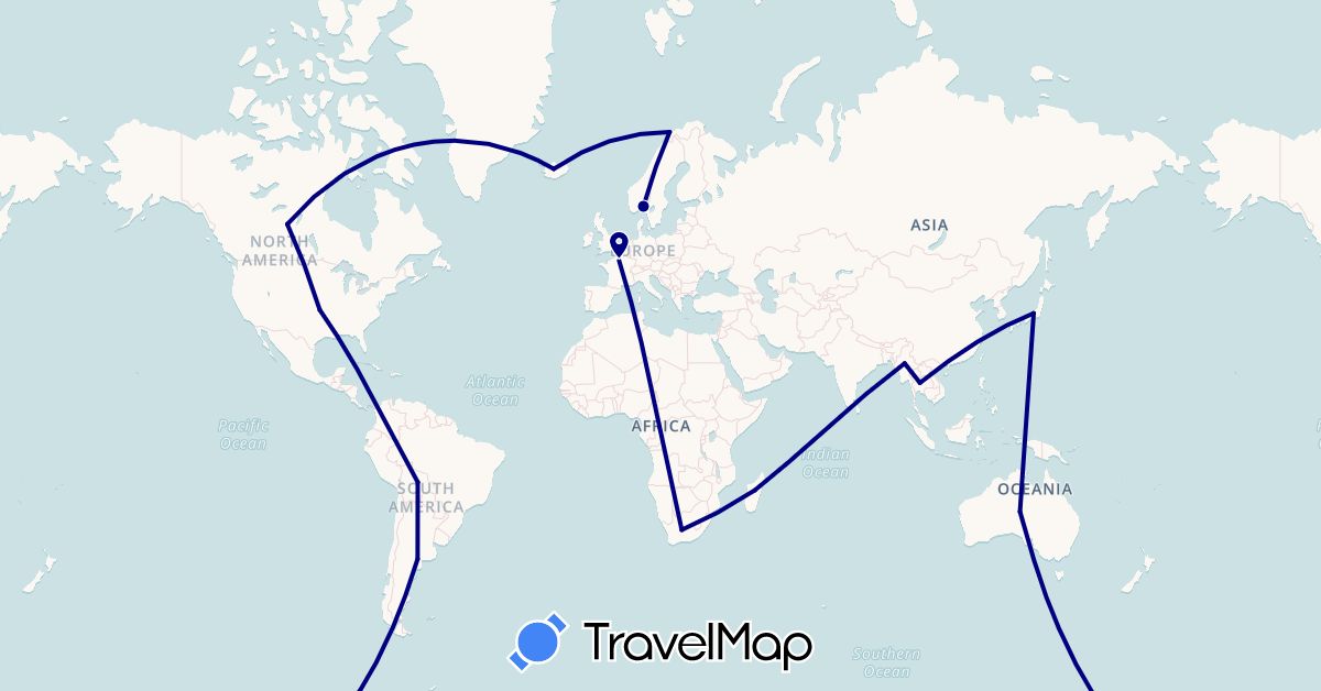 TravelMap itinerary: driving in Argentina, Australia, Bolivia, Canada, France, Iceland, Japan, Madagascar, Myanmar (Burma), Norway, Thailand, United States, South Africa (Africa, Asia, Europe, North America, Oceania, South America)